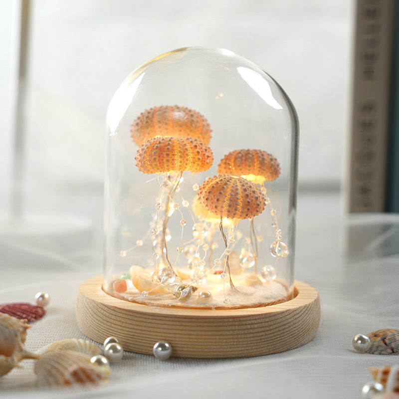 Luce notturna luminosa fai da te con conchiglia di riccio di mare, medusa
