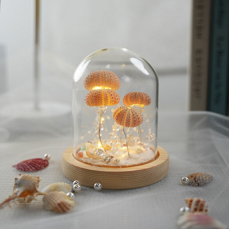 Luce notturna luminosa fai da te con conchiglia di riccio di mare, medusa
