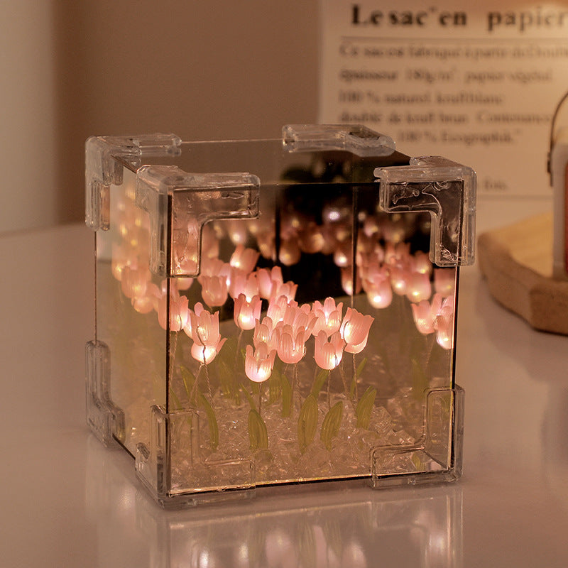 Luce notturna a specchio 3D creativa con cubo di Rubik e 20 tulipani