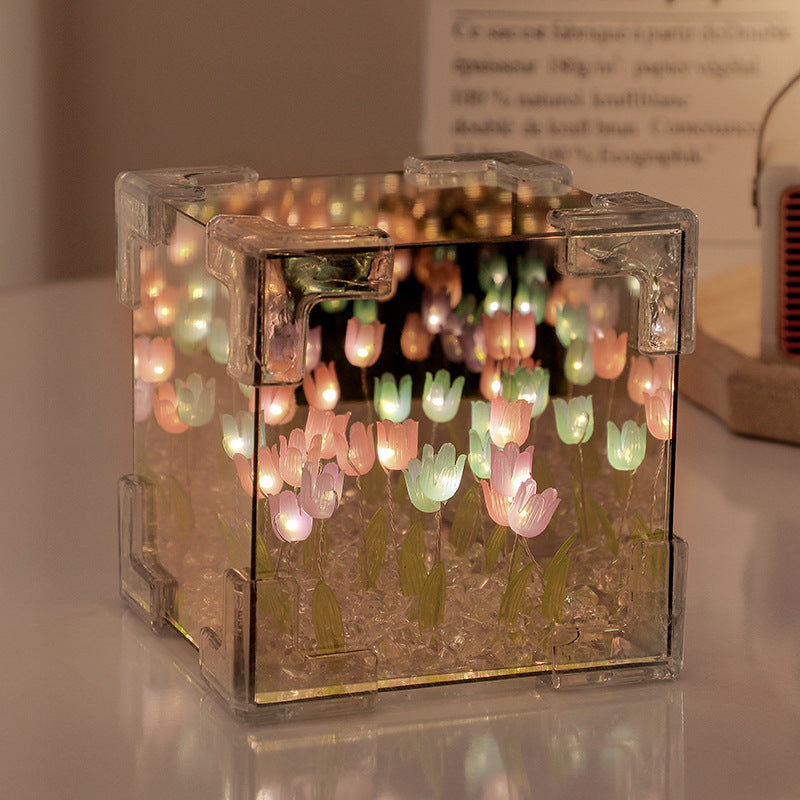Luce notturna a specchio 3D creativa con cubo di Rubik e 20 tulipani