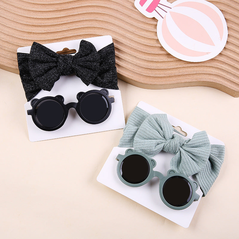 Striped Knitted Bow Band Sunglasses Two Piece Set