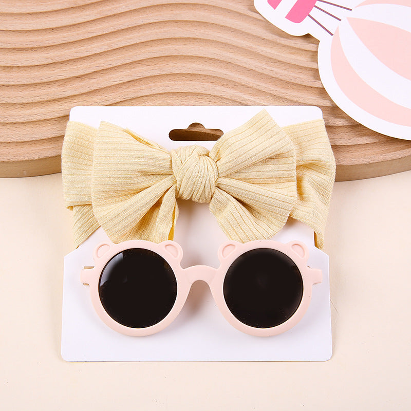 Striped Knitted Bow Band Sunglasses Two Piece Set