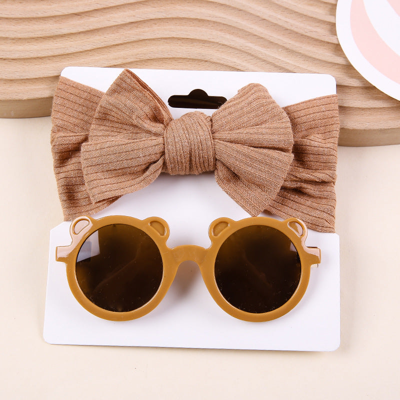 Striped Knitted Bow Band Sunglasses Two Piece Set