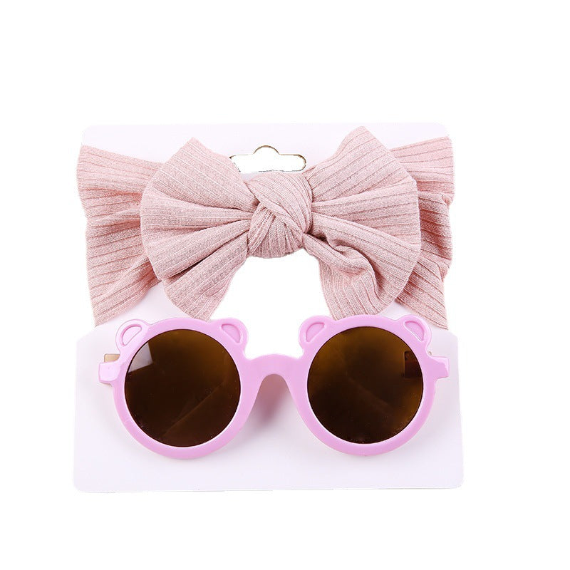 Striped Knitted Bow Band Sunglasses Two Piece Set