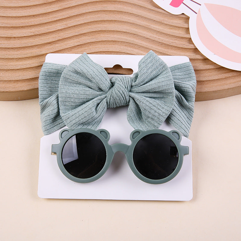 Striped Knitted Bow Band Sunglasses Two Piece Set