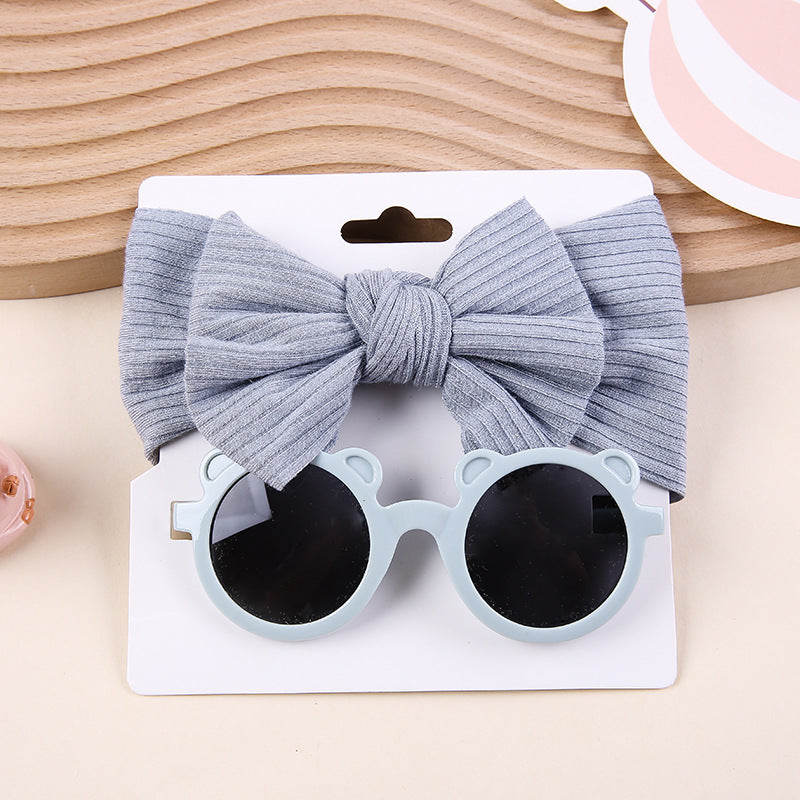 Striped Knitted Bow Band Sunglasses Two Piece Set