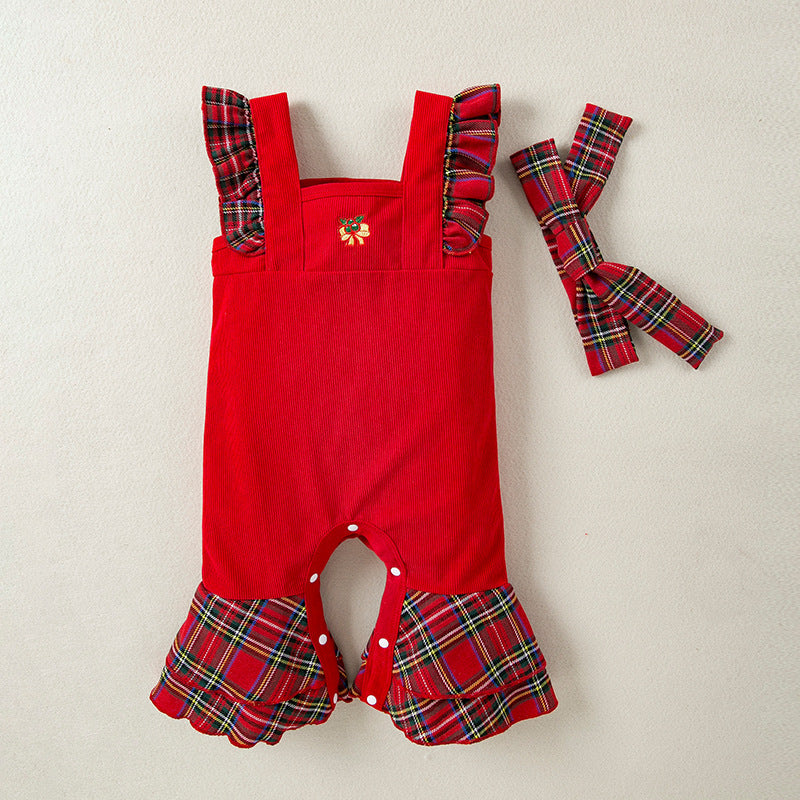 Christmas jumpsuit with ruffled flying sleeves for 27-28 inch dolls