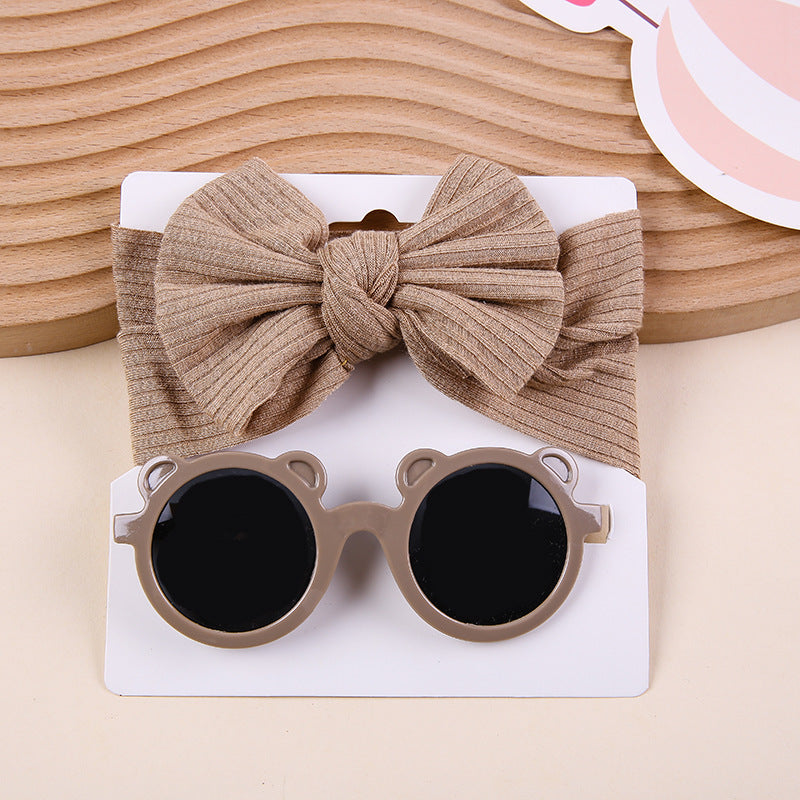 Striped Knitted Bow Band Sunglasses Two Piece Set