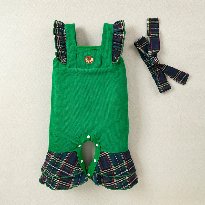 Christmas jumpsuit with ruffled flying sleeves for 27-28 inch dolls