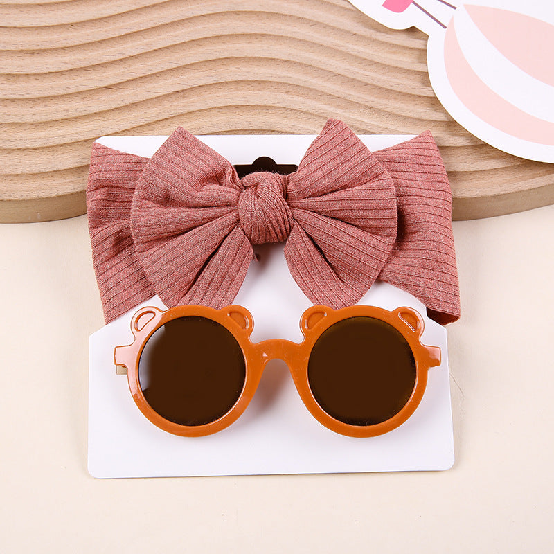 Striped Knitted Bow Band Sunglasses Two Piece Set