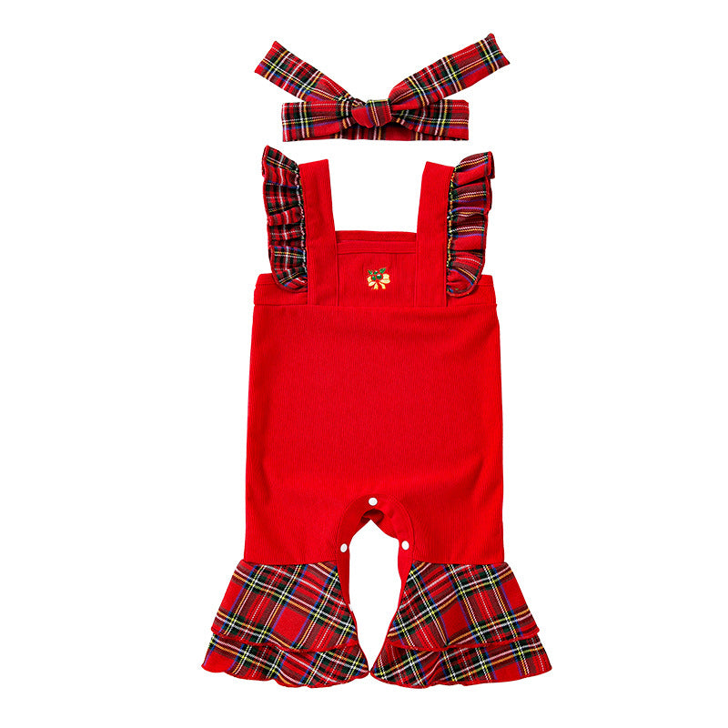 Christmas jumpsuit with ruffled flying sleeves for 27-28 inch dolls