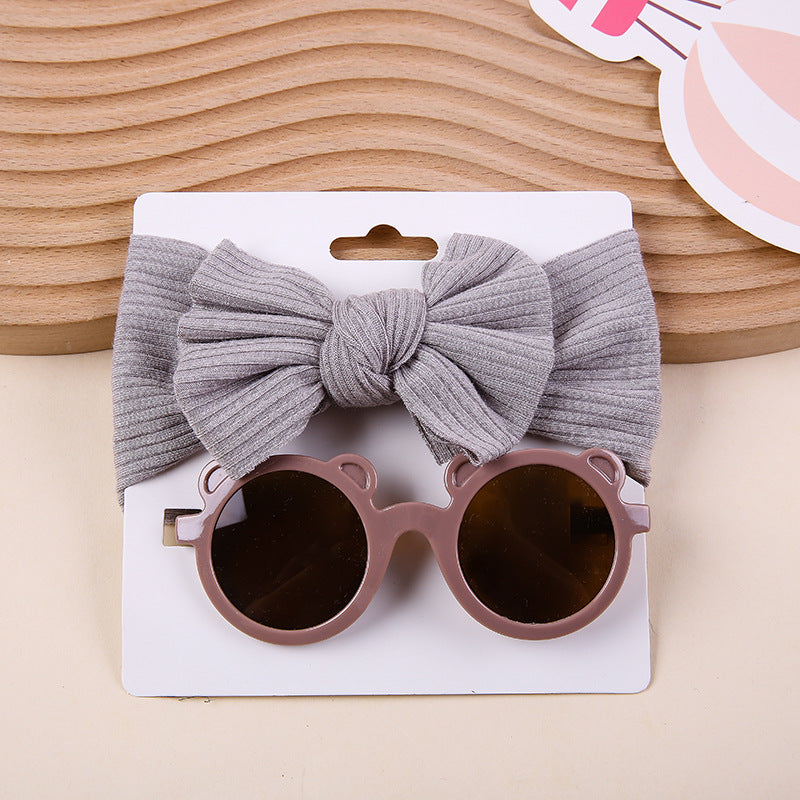 Striped Knitted Bow Band Sunglasses Two Piece Set