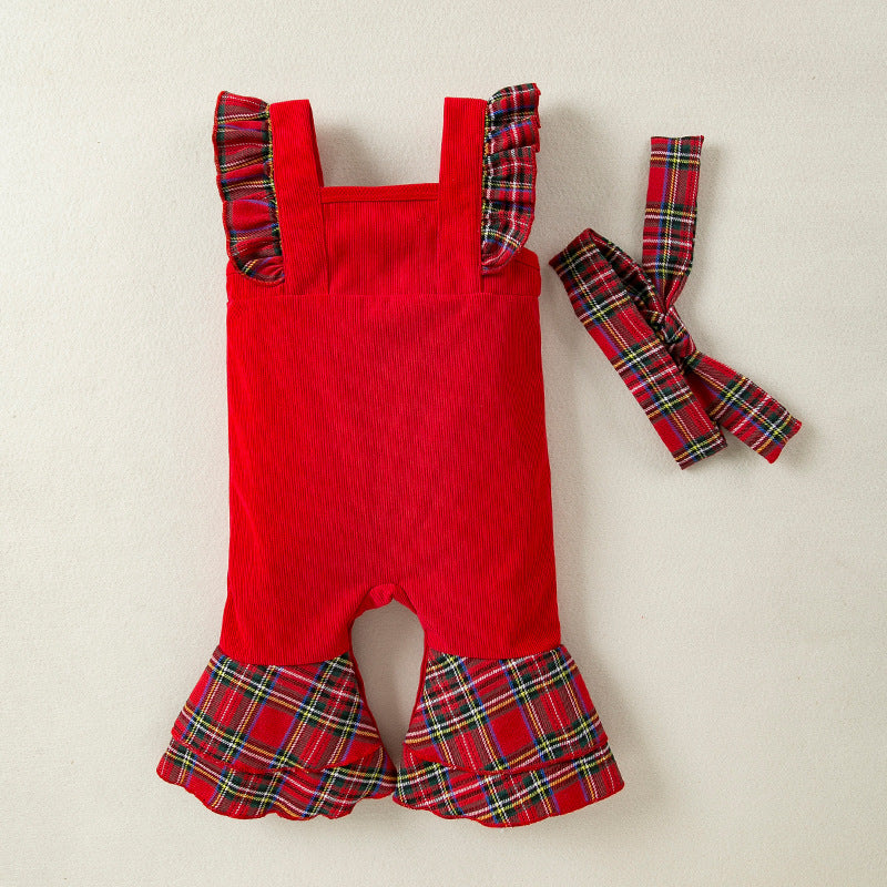 Christmas jumpsuit with ruffled flying sleeves for 27-28 inch dolls