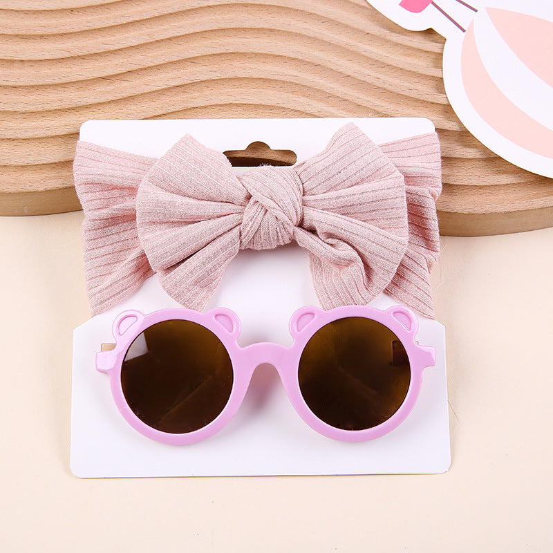 Striped Knitted Bow Band Sunglasses Two Piece Set