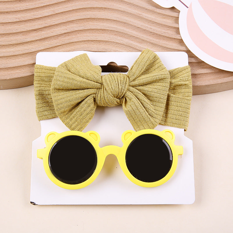Striped Knitted Bow Band Sunglasses Two Piece Set