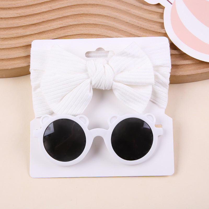 Striped Knitted Bow Band Sunglasses Two Piece Set
