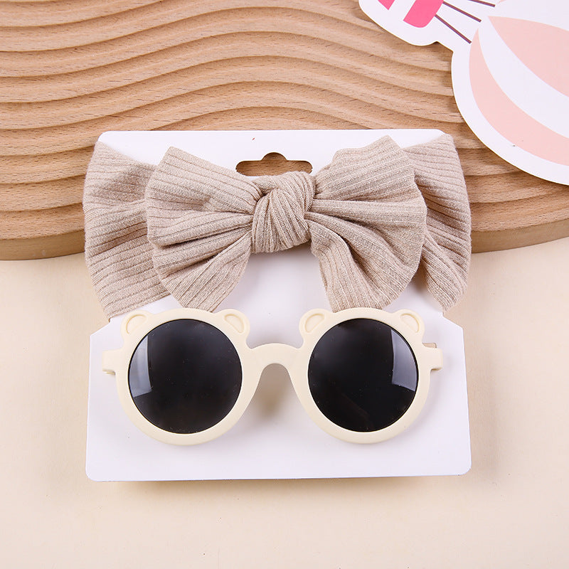 Striped Knitted Bow Band Sunglasses Two Piece Set