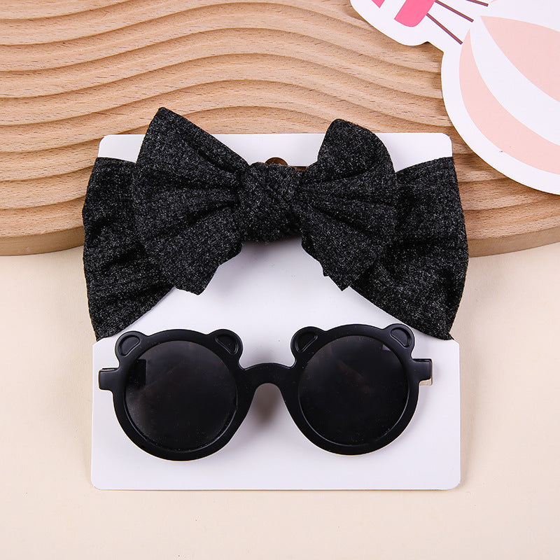 Striped Knitted Bow Band Sunglasses Two Piece Set