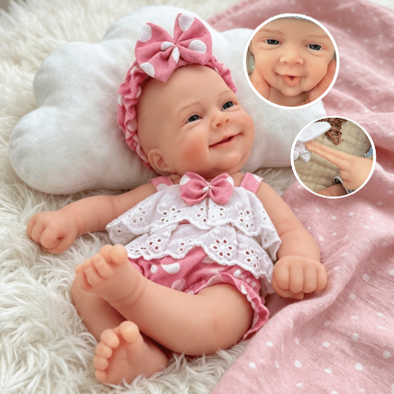 30cm Open Eyes Smile Sebastian Silicone Reborn Baby Girl in Pink Polk Dot Bodysuits