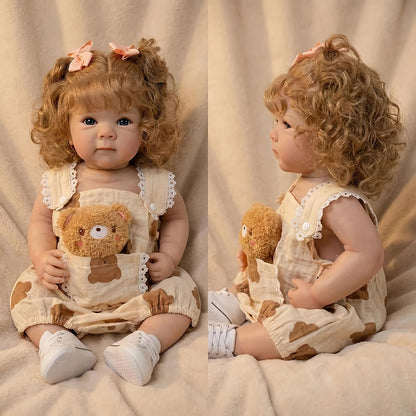 Bambola reborn Bettie alta 18 pollici con capelli biondi e occhi azzurri vestita da orsetto