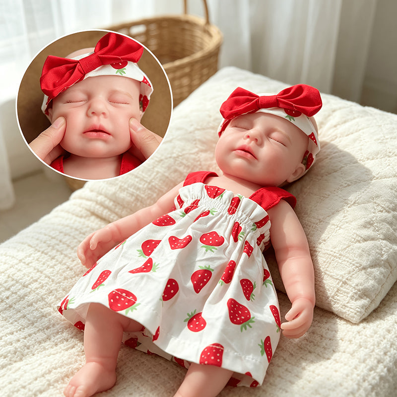 Bambola reborn Loulou 30cm interamente in silicone con occhi chiusi vestita con un abito a fragole