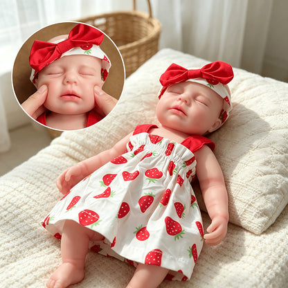 Bambola reborn Loulou 30cm interamente in silicone con occhi chiusi vestita con un abito a fragole