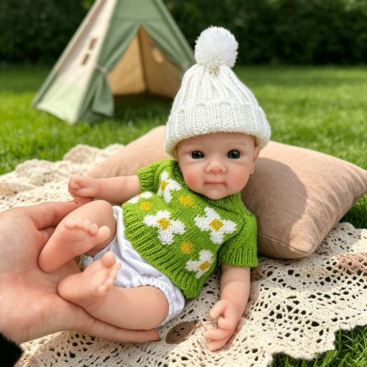 Bambola reborn Bettie in silicone da 30cm con maglione floreale verde