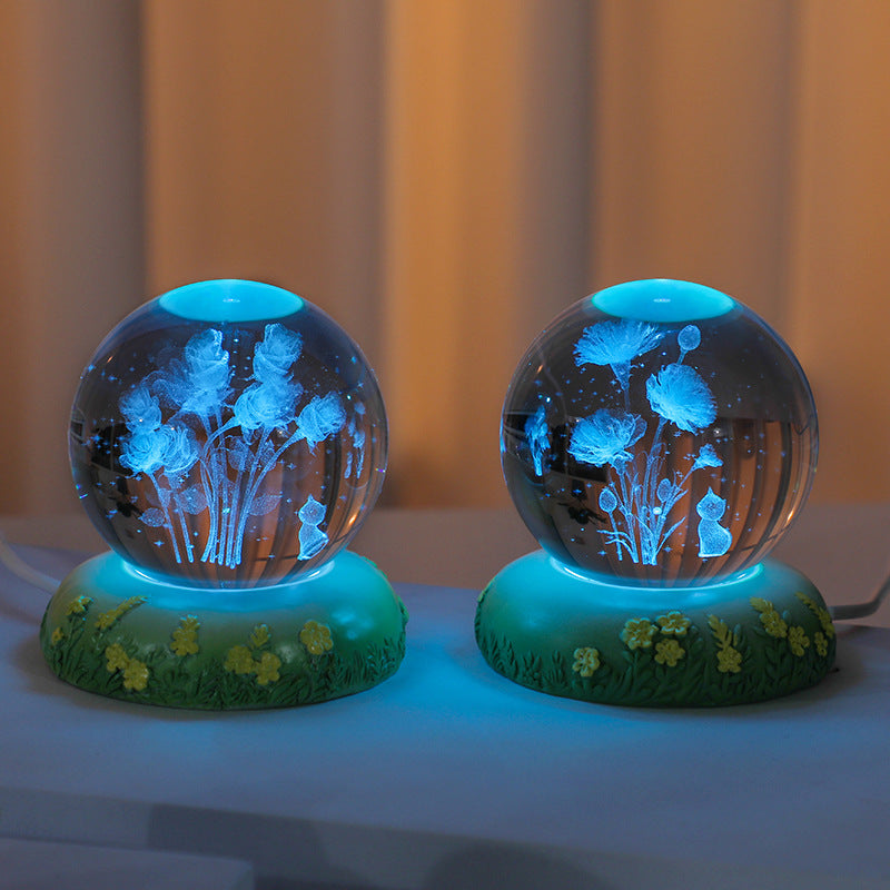 Sfera di cristallo 3D con fiore scolpito all'interno della lampada notturna a sfera di vetro