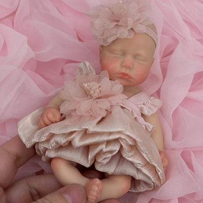 6 Inches Closed Eyes Mini Silicone Loulou Reborn Doll Girl In Pink Dress