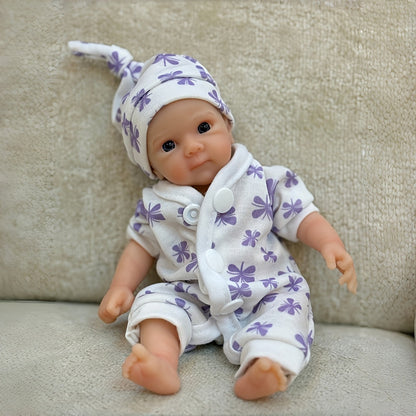 20cm Open Eyes Silicone Mini Bettie Reborn Baby Girl In Purple Floral Jumpsuits