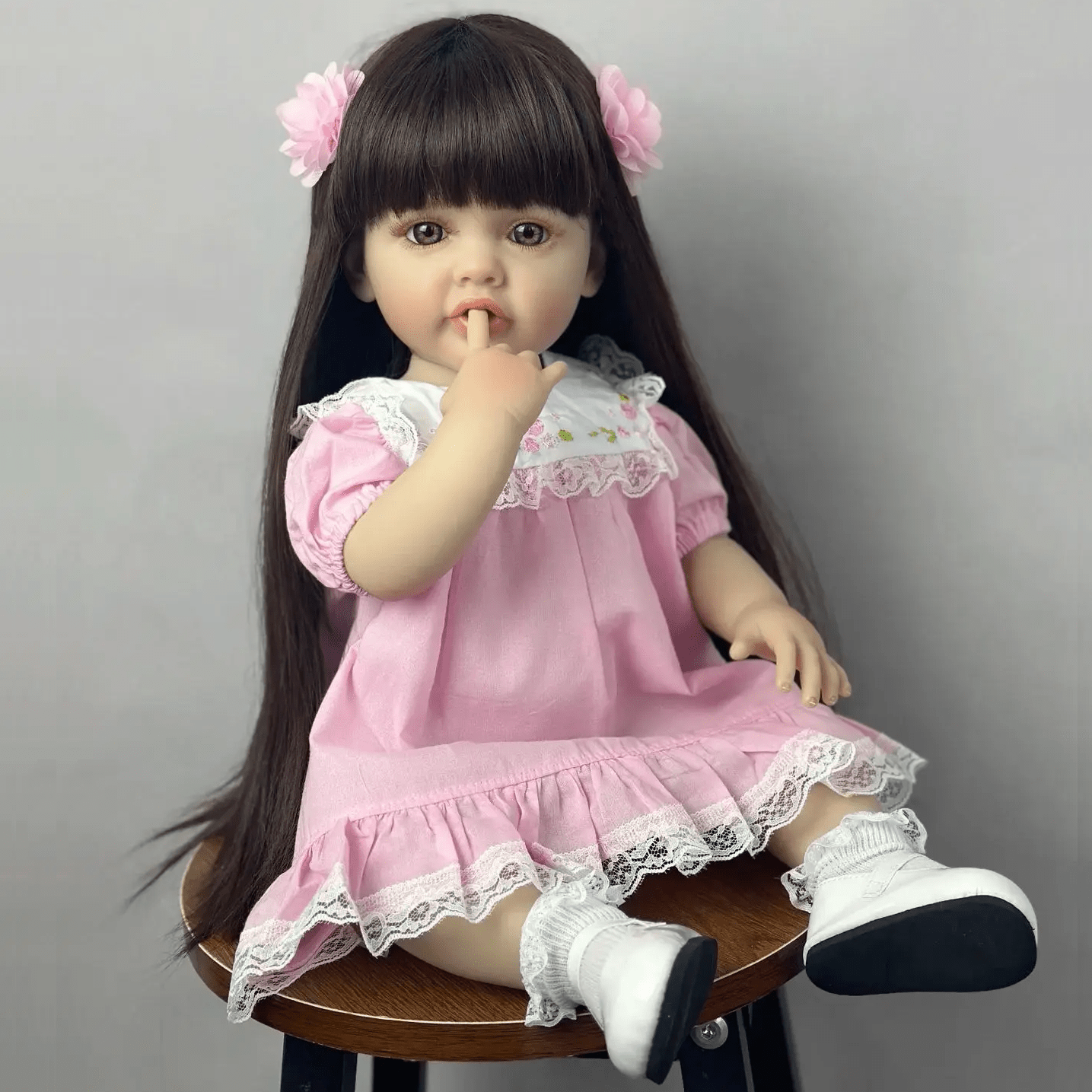 55cm Open Eyes Long Brown Hair Betty Reborn Doll Girl In Pink Dress
