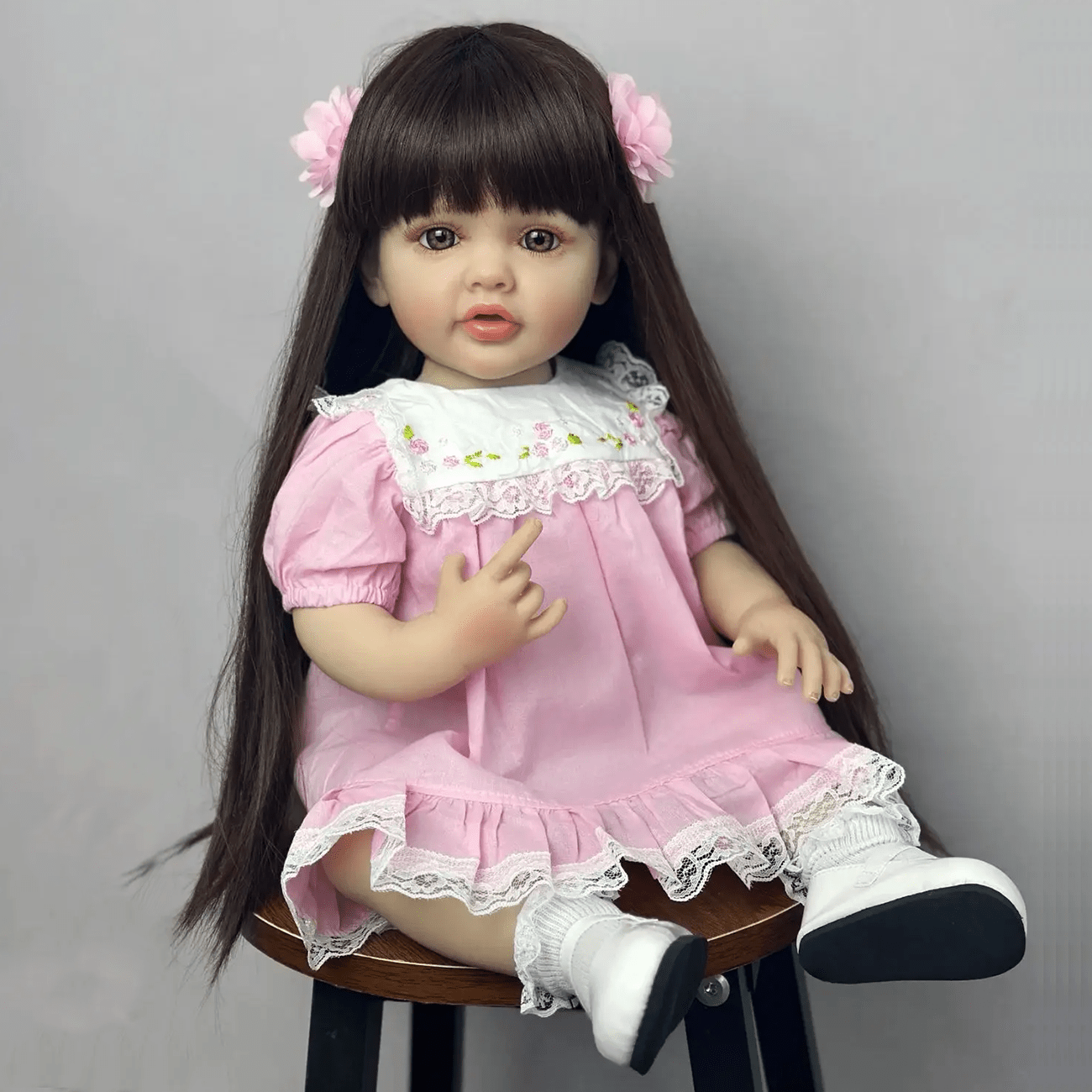 55cm Open Eyes Long Brown Hair Betty Reborn Doll Girl In Pink Dress
