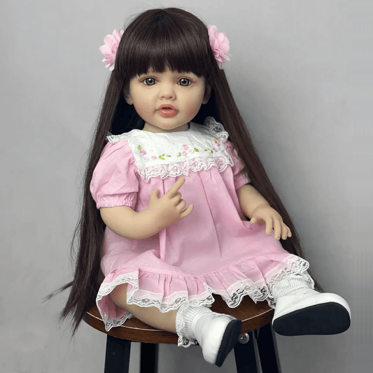 55cm Open Eyes Long Brown Hair Betty Reborn Doll Girl In Pink Dress
