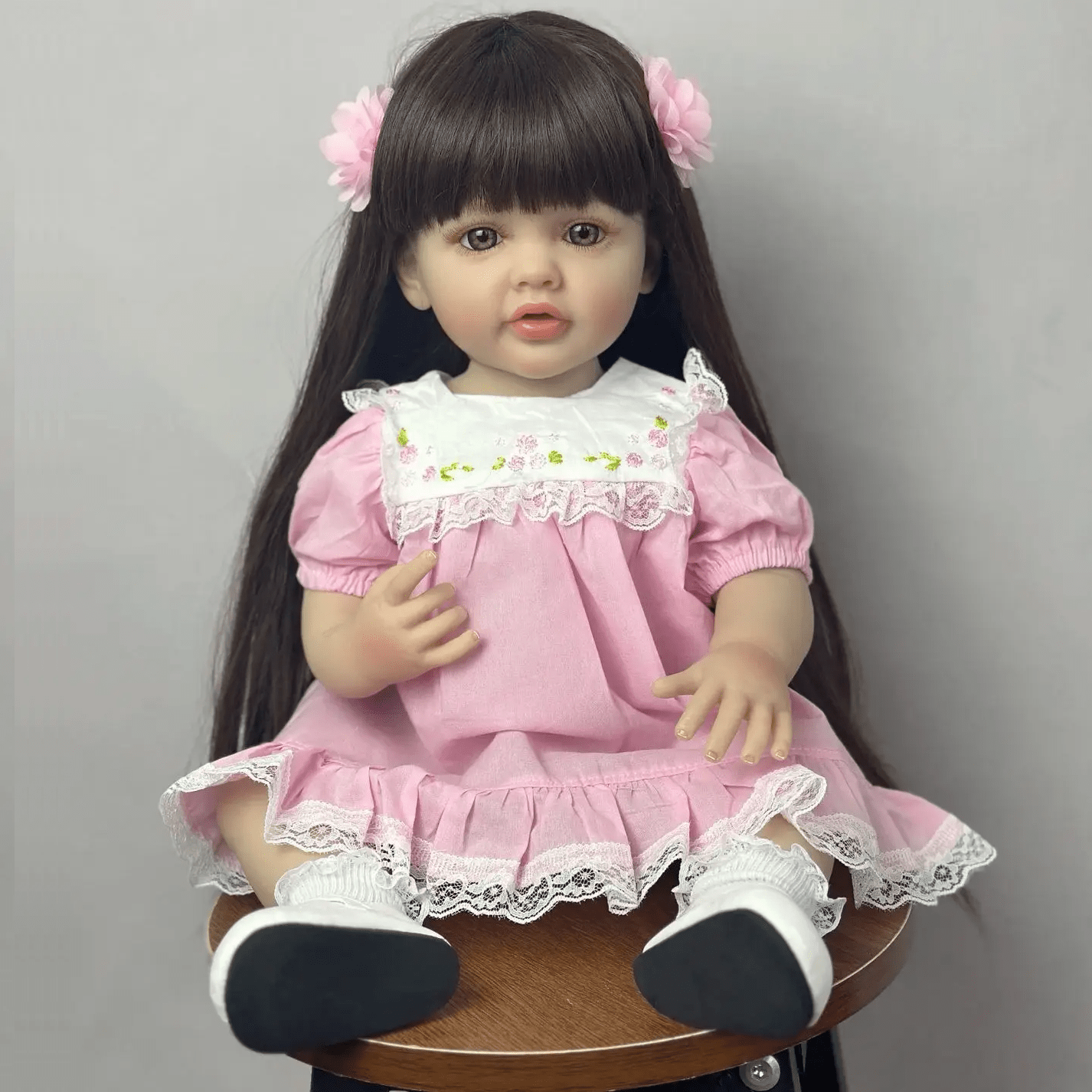 55cm Open Eyes Long Brown Hair Betty Reborn Doll Girl In Pink Dress

