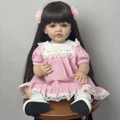 55cm Open Eyes Long Brown Hair Betty Reborn Doll Girl In Pink Dress
