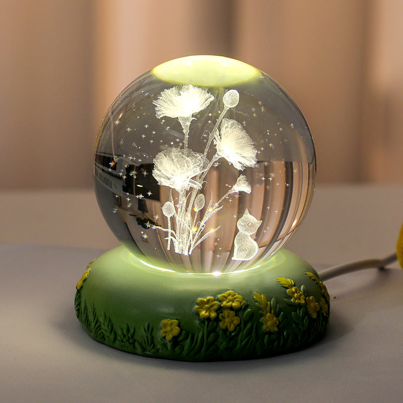Sfera di cristallo 3D con fiore scolpito all'interno della lampada notturna a sfera di vetro