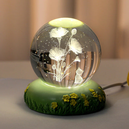 Sfera di cristallo 3D con fiore scolpito all'interno della lampada notturna a sfera di vetro