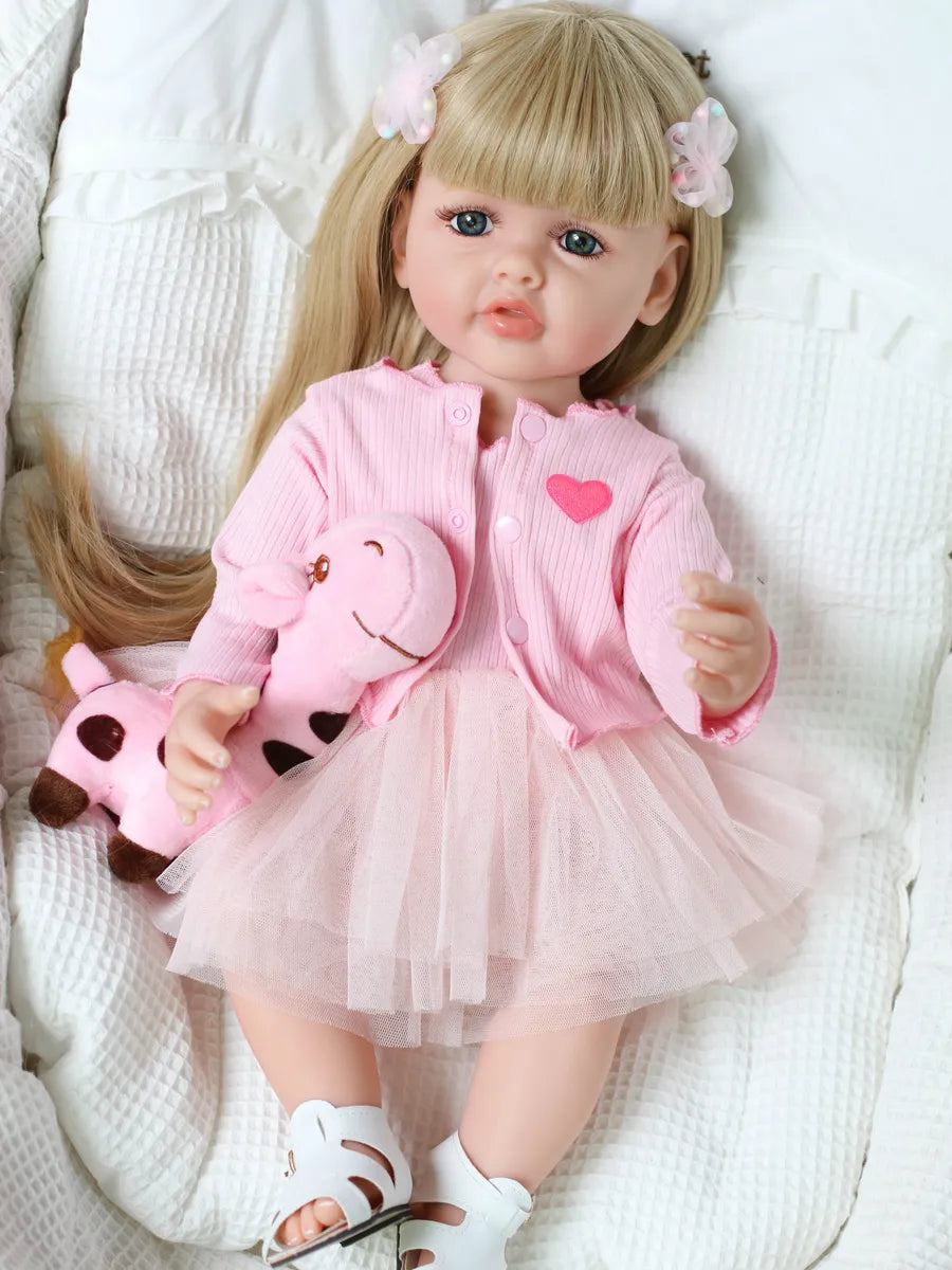 22 pollici occhi aperti lunghi capelli biondi reborn bambine con vestito rosa-Betty