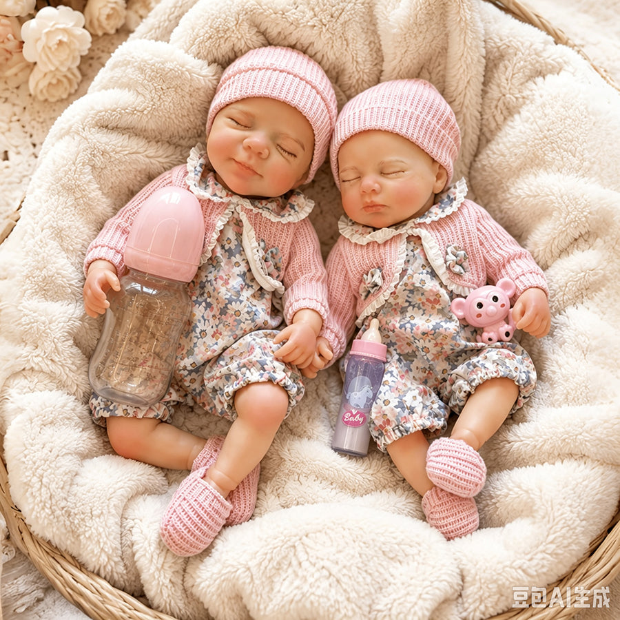 Gemelline Reborn da 30 cm in silicone pieno con occhi chiusi- Pascale e Loulou