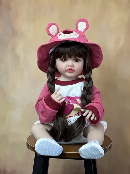 Set di vestiti per bambina reborn da 55 cm con occhi aperti e capelli lunghi con orsetto alla fragola - Betty