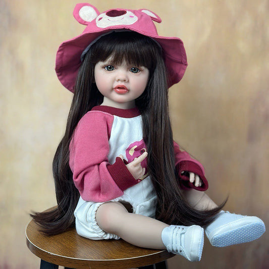 Set di vestiti per bambina reborn da 55 cm con occhi aperti e capelli lunghi con orsetto alla fragola - Betty