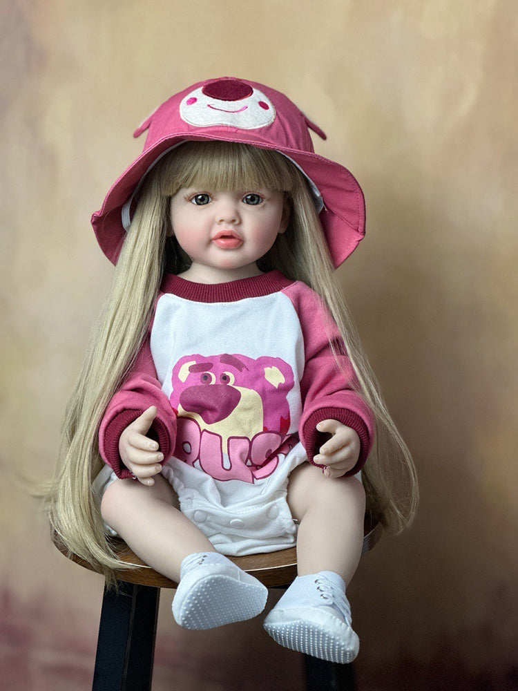 Set di vestiti per bambina reborn da 55 cm con occhi aperti e capelli lunghi con orsetto alla fragola - Betty