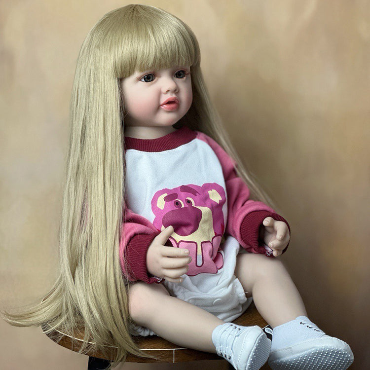 Set di vestiti per bambina reborn da 55 cm con occhi aperti e capelli lunghi con orsetto alla fragola - Betty