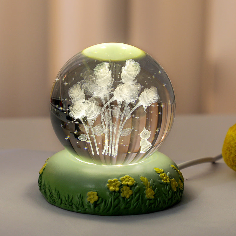 Sfera di cristallo 3D con fiore scolpito all'interno della lampada notturna a sfera di vetro