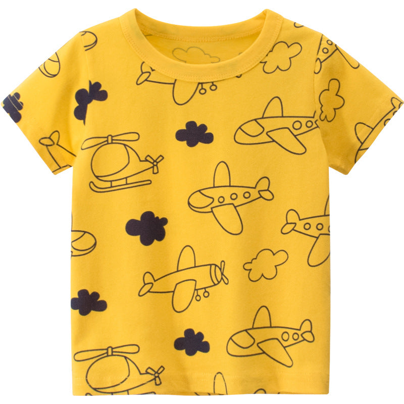 T-shirt girocollo a maniche corte con motivo nuvola gialla e aeroplano