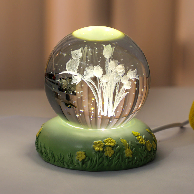 Sfera di cristallo 3D con fiore scolpito all'interno della lampada notturna a sfera di vetro