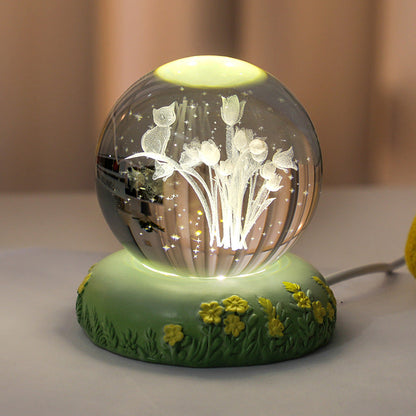 Sfera di cristallo 3D con fiore scolpito all'interno della lampada notturna a sfera di vetro