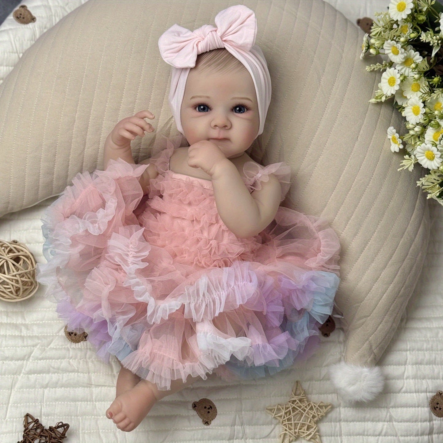 Bambina rinata Bettie con occhi aperti 48 cm in abito rosa