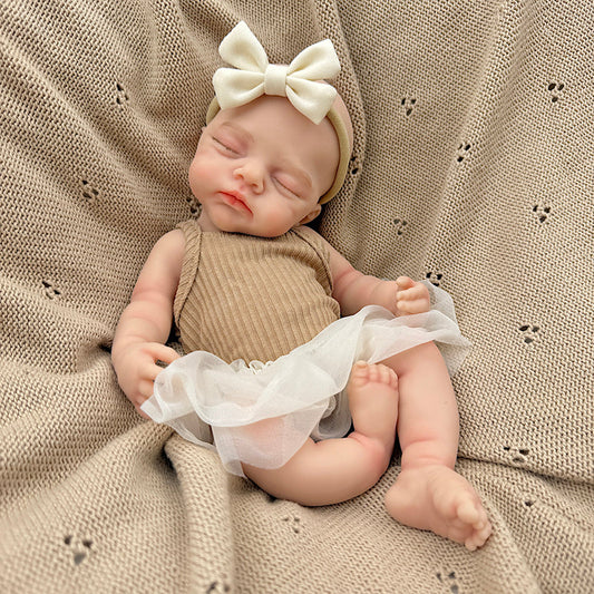 30cm Realistic Full Silicone Closed Eyes Irys Reborn Doll Girl in Coffee Dress