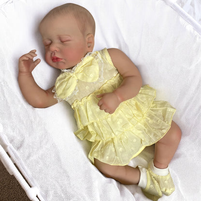 Bambola reborn Loulou da 20 pollici con pelle 3D occhi chiusi e vestito giallo